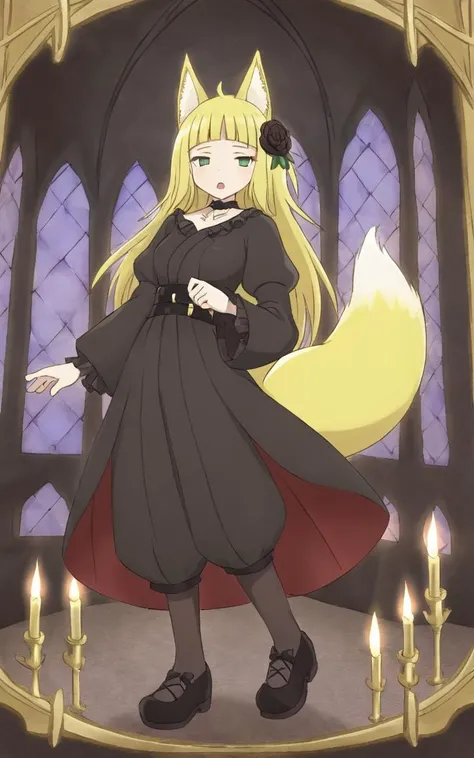 1girl <lora:sdxl-dm-haruhime:0.6> haruhime, blond hair fox_ears, fox tail long hair blunt_bangs shiny hair, green_eyes sleepy eyes, eyeliner blush medium breasts skindantation choker open mouth , lower eyelashes eyelashes, eyeliner, Gothic Frilled dress, l...