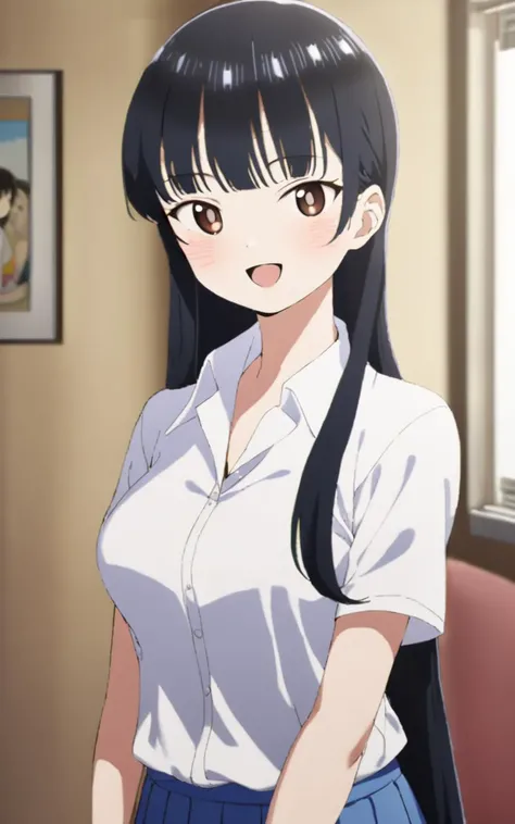 1girl, <lora:sdxl-by-yamada:1>, yamada anna, long_hair straight hair, black_hair, eyebrows_visible_through_hair, bangs, brown_eyes, medium breasts, tall girl blush skindantation :D , popsicle , white collared_shirt, , navybluue pleated_skirt, lowfers, mast...