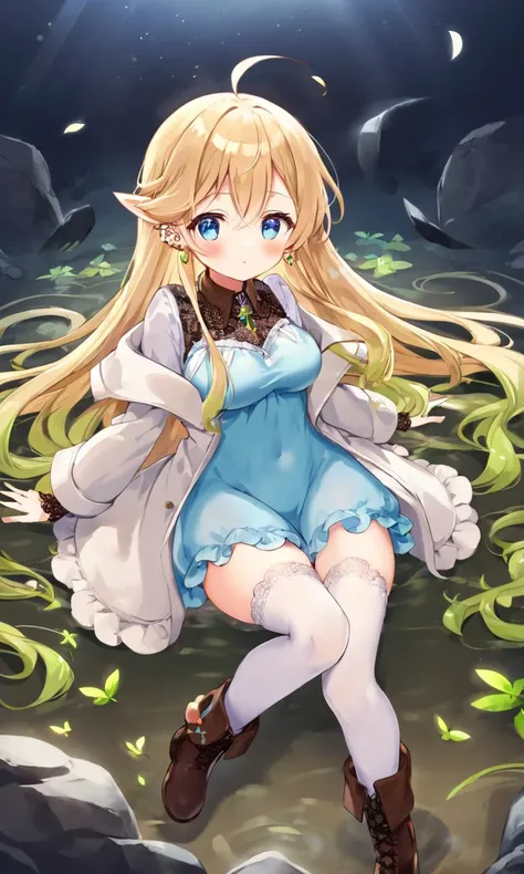 cute elf Young woman [lightgreen] eyeliner piercing small breasts skindantation shiny hair gradation [gradient partially [blond:silver:0.9] hair] super long hair blue eyes ((eyes visible through hair)) ;p +++ clear blond dress, blouse white super long coat...