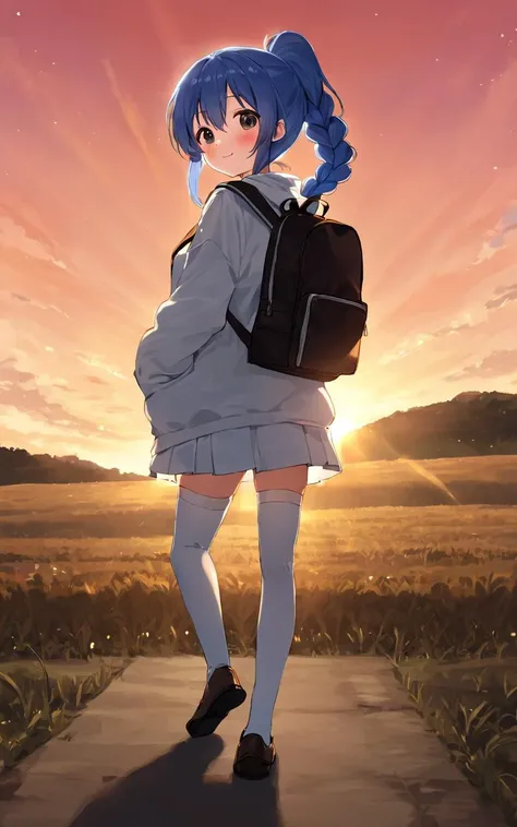 school,, 1girl, , teen , small beasdt , black eyes, transparency sky blue hair, long hair , braided ponytail, shot hair, wavy hair , hair between eyes, hair flaps , ;o, nose blush , head_tilt standing , bare legs soles focus, serafuku , white  long sleeve ...