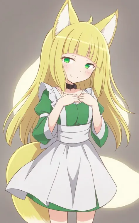 1girl <lora:sdxl-dm-haruhime:0.6> haruhime, blond hair fox_ears, fox tail long hair blunt_bangs shiny hair, green_eyes sleepy eyes, eyeliner blush medium breasts skindantation choker smile , aqua maid, white apron , score_9, score_8, score_7_up