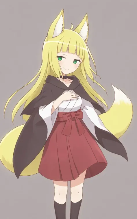 1girl <lora:sdxl-dm-haruhime:0.6> haruhime, blond hair fox_ears, fox tail long hair blunt_bangs shiny hair, green_eyes sleepy eyes, eyeliner blush medium breasts skindantation choker :3 , uchidenokoduchi red kimono, japanese_clothes, half white hakama, cap...