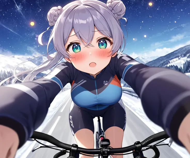 1girl, Cycling wear, Cycling shoes, running, wind on snowy mountain, __lithingS__, POV, +++ 
starry print eyes , 
clear gradient hair, 
long hair , 
double bun, 
drill hair , 
crossed bangs, 
sideburns , 
;o, 
blush_stickers , 
+++, Wormfs Eye Vi...