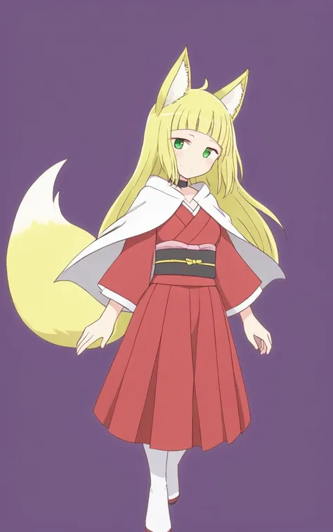 1girl <lora:sdxl-dm-haruhime:0.6> haruhime, blond hair fox_ears, fox tail long hair blunt_bangs shiny hair, green_eyes sleepy eyes, eyeliner blush medium breasts skindantation choker :> , uchidenokoduchi red kimono, japanese_clothes, half white hakama, cap...