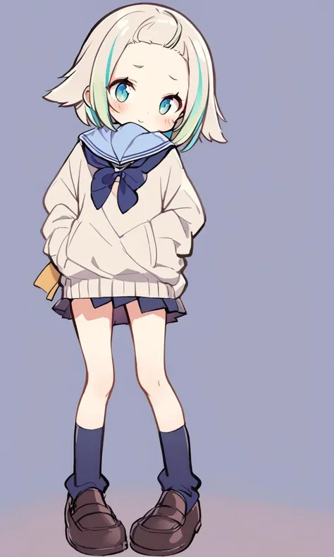 1girl, petite , flat chest , turquoise eyes, light gradient hair, short hair , bowl cut hair, streaked hair , hair pulled back, hair flaps , :8, blush , head_tilt standing , hip focus, school uniform , navy  long sleeve, sweater , slouch socks, school bag