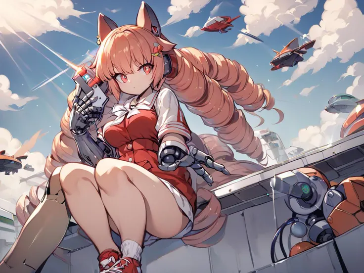 score_9, score_8, score_7_up, Aircraft Carrier Deck, sky cloud, 1girl, teen . big breast , skindantation, selfie solo focus wide shot, iridescence kids kindergarten uniform  ankle socks sneakers, looking afar, portrait , +++ 
coral eyes , 
vivid red hair...