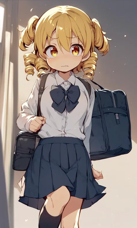 1girl, cute petite , big breast , blond eyes, pale yellow hair, short hair , retriever hair, drill hair , hair between eyes, sideburns , wavy mouth, , head_tilt standing , foot focus (focus sole of foot), school uniform , navy  bow , socks, school bag, sco...