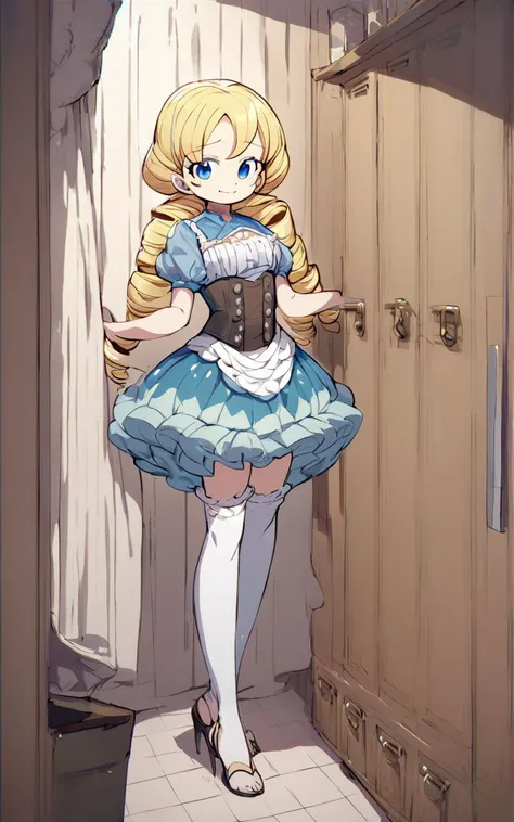 1girl An aristocratic daughter with blonde hair and vertical rolls,  hair spread out, drill hair, low twintail
wavy mouth smile, iridescence frilled intricate long_skirt pannier bustier corset crinoline stockings high_heels_sandals double-breasted,underbus...