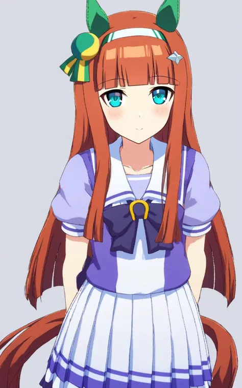 1girl, <lora:sdxl-um-suzuka:0.8> SilenceSuzuka, horse girl, green horse ears green ear covers, horse tail turquoise eyes flat chest slender hime-cut orange long hear blunt bangs shiny hair white hearband  hair ornament drakpurple gloves +++  whiskers schoo...