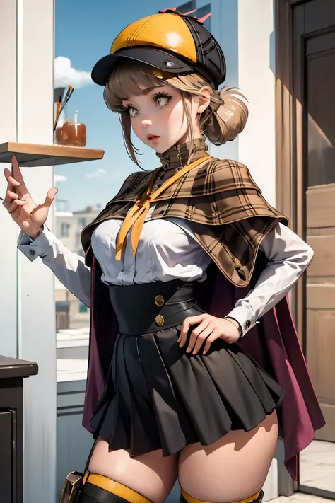 (masterpiece, best quality), 1girl,  <lora:novel-nvwls-v2:1> defnovel, deerstalker, yellow hat, plaid capelet, white shirt, long sleeves, black skirt, black thighhighs