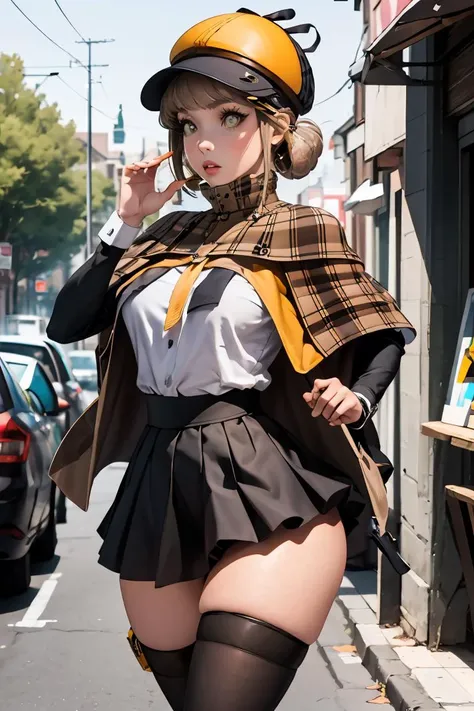 (masterpiece, best quality), 1girl,  <lora:novel-nvwls-v2:1> defnovel, deerstalker, yellow hat, plaid capelet, white shirt, long sleeves, black skirt, black thighhighs