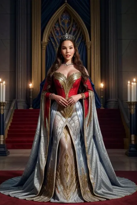 Professional photograph of mt-catrionagray <lora:[PH]_-_Catriona_Gray:1> as a medieval princess, elegant red blue and gold dress, tiara, tall, attractive, silver jewelry, standing in a gothic throne room, stained glass, silver walls, fantasy genre aestheti...