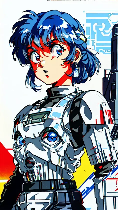 anime character with blue hair and a gun in front of a red background