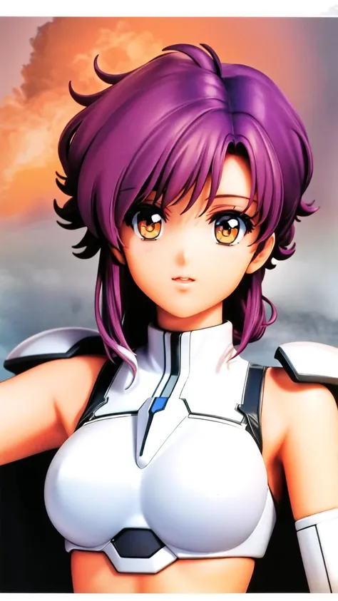 a close up of a woman with purple hair and a white top