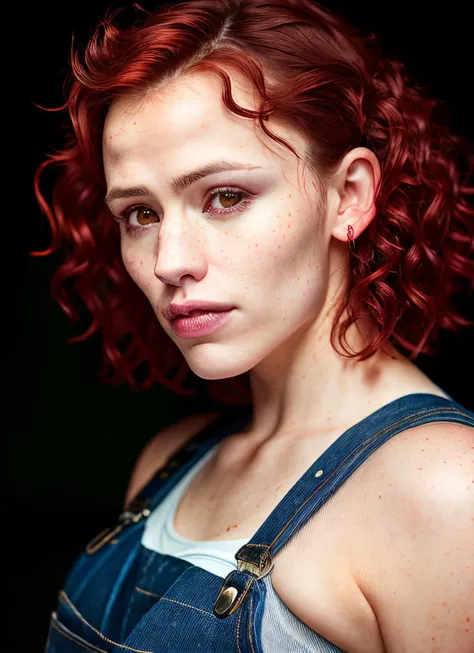 portrait of skswoman, anxious , wearing overalls , with dark red Curly hair , background winter epic (photo, studio lighting, hard light, sony a7, 50 mm, matte skin, pores, colors, hyperdetailed, hyperrealistic), <lyco:Jennifer GarnerV3:1.2>