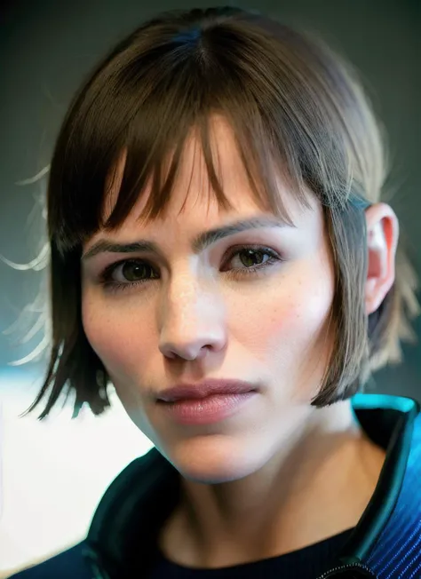 portrait of skswoman, thoughtful , wearing beaded , with ash brown Feathered haircut , background cosmic epic (photo, studio lighting, hard light, sony a7, 50 mm, matte skin, pores, colors, hyperdetailed, hyperrealistic), <lyco:Jennifer GarnerV3:1.3>