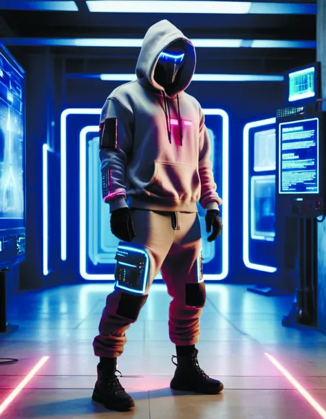 a man in a hoodie and pants standing in a room with neon lights