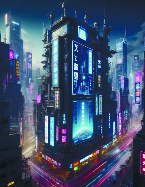 a city with neon lights and tall buildings in the middle of it