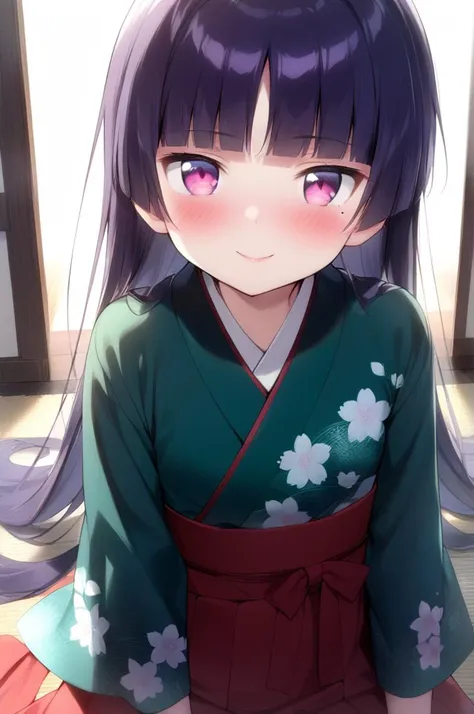 1girl,solo,petite,slender,gokou ruri,,cherryblossoms,shiny eyes,mole under eye,black longhair, jyojifuku, green furisode, hakama...