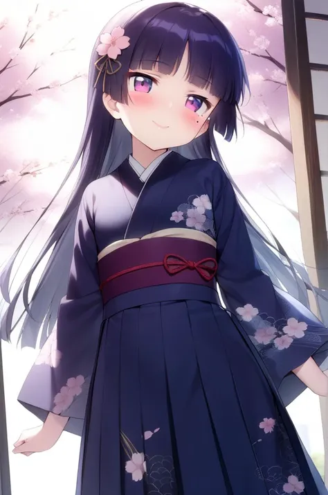 1girl,solo,petite,slender,gokou ruri,,cherryblossoms,shiny eyes,mole under eye,black longhair, jyojifuku, blue furisode, hakama,...