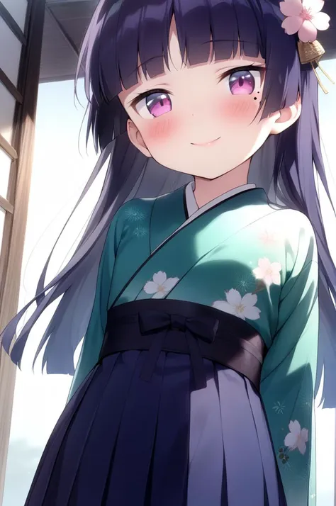 1girl,solo,petite,slender,gokou ruri,,cherryblossoms,shiny eyes,mole under eye,black longhair, jyojifuku, green furisode, hakama...