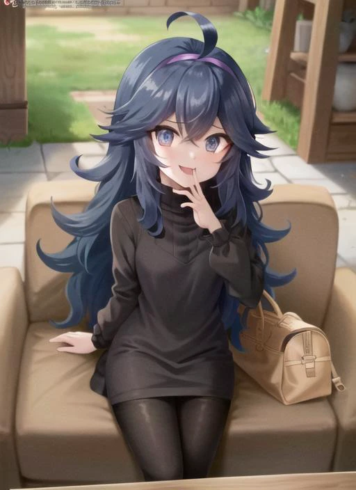 anime girl sitting on a couch with a handbag and purse