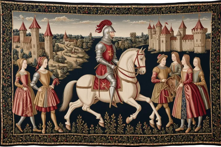 a knight on horseback, dark red, a little bit of magic, medieval tapestry style, hyper realism, 1600s, ultra detailed, intricate detail, silk thread, wool thread, metal thread, visible stitching, complex background, <lora:Wolvie_Concept_Tapestry_SDXL_v1.2:...