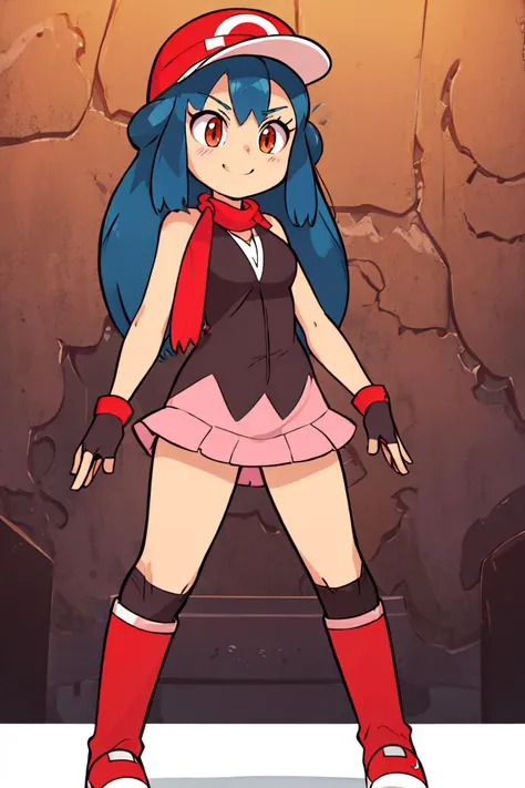 <lora:Diives_Style:0.8>,<lora:Satoriv2:0.8>, masterpiece, best quality, highres, satori, solo, blue hair, brown eyes, long hair, bangs, ashs cap, dawns dress, dawns scarf, ashs gloves, dawns boots, smile, contrapposto,