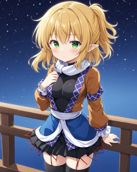 mizuhashi parsee,1girl, solo, bridge, looking_at_viewer, white_scarf, blush, closed_mouth, medium_breasts, railing, cowboy_shot, black_skirt, half_updo, arm_warmers, hand_on_own_chest, black_thighhighs, black_shirt, short_ponytail, white_sash, multicolored...