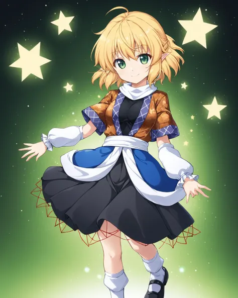 mizuhashi parsee,1girl, solo, mary_janes, arm_warmers, full_body, white_sash, white_scarf, black_skirt, white_socks, black_footwear, looking_at_viewer, short_sleeves, closed_mouth, smile, medium_breasts, brown_shirt, layered_clothes, half_updo, multicolore...