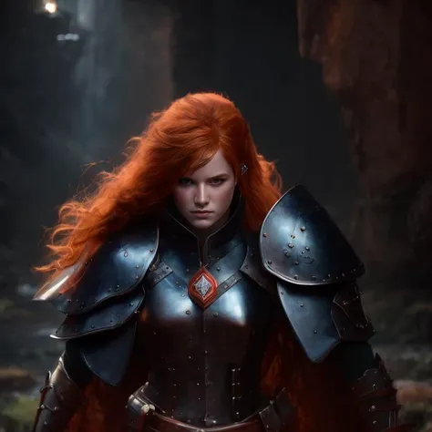 Hyperrealistic award winning editorial close up photo  portrait of a fierce red headed female character warrior. Intrincatred armor. Highgly detailed. 8k. Dark fantasy.