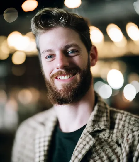 a close up of a person with a beard, reddit, green symmetric eyes 24yo, bad selfie, (38 years old), wide nose,photorealistic, depth of field, Kodak Plus ISO film, (Depth of field), (whirl bokeh:1.21), Detailed, hq, detailed, realistic, warm light, muted co...