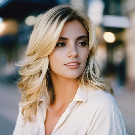 A beautiful blonde woman with a white shirt,tailed face, photo, cinestill, analog, natural colors