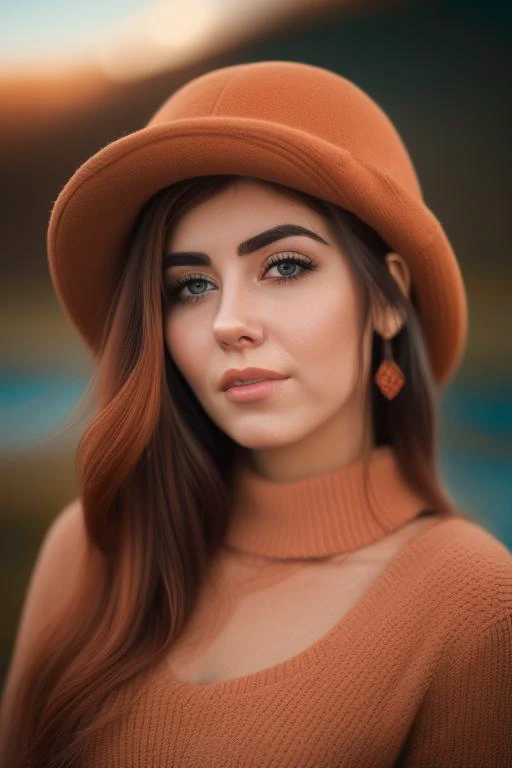 a woman with long hair wearing a brown hat, alena aenami and lilia alvarado, orange head, portrait mode photo, by andrey ryabovichev, square nose, brown sweater, better known as amouranth, 5 5 mm photo, a pastel, traditional, mid shot photo