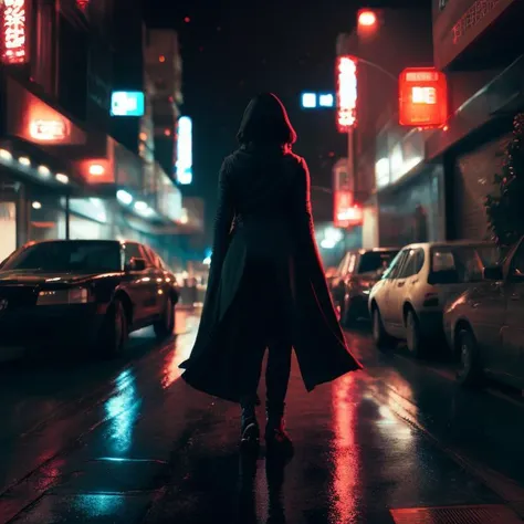 a woman standing on a city street at night,shot from back,cyberpunk art, inspired by Liam Wong, digital art, extremely detailed illustration, spaceport city street, teal hills, shaded 0 0 mm, lori earley, poster illustration, ultrarealistic fall, 4 k hd wa...