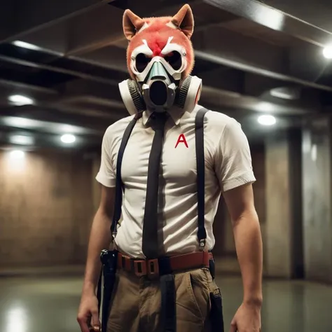 a man wearing a gas mask and suspenders, a character portrait, by Sebastian Spreng, shutterstock, indoor shot, the purge, as a titan, cosplay photo, in an underground parking garage, wearing a kitsune mask, stock photo