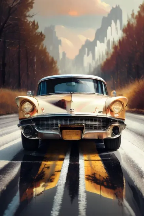 painting of a classic car driving down a road with a mountain in the background