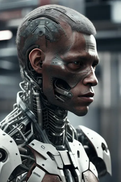 a close up of a (cyborg ), biomechanical render, still from a ridley scott movie, detailed humanoid bot haircut, style of wlop, ...