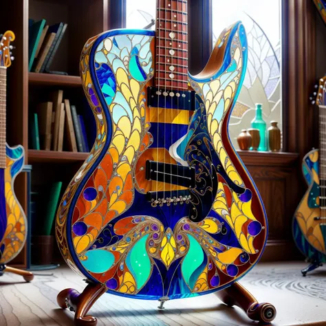 <lora:stainedglassai_v10:0.9> stainedglassai guitar and mrblfb04 finely detailed filigree patterns