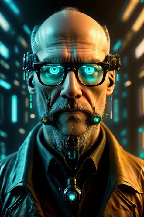 a man with a beard and glasses posing for a picture cyberpunk style , Synaptic_Shadows