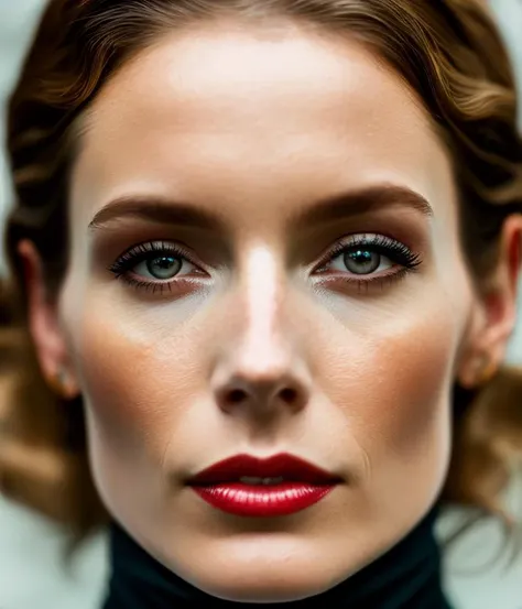 a close up of a woman with a red lipstick and a black turtle neck