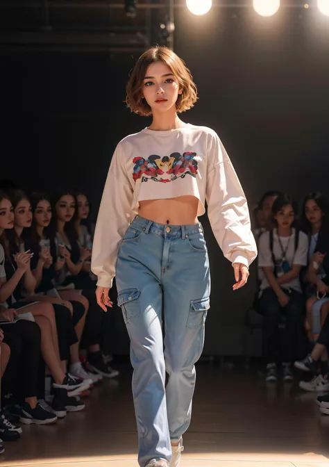 a woman walking down a runway wearing a white shirt and jeans