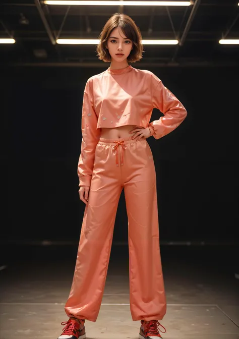 a woman in a pink outfit standing in a dark room