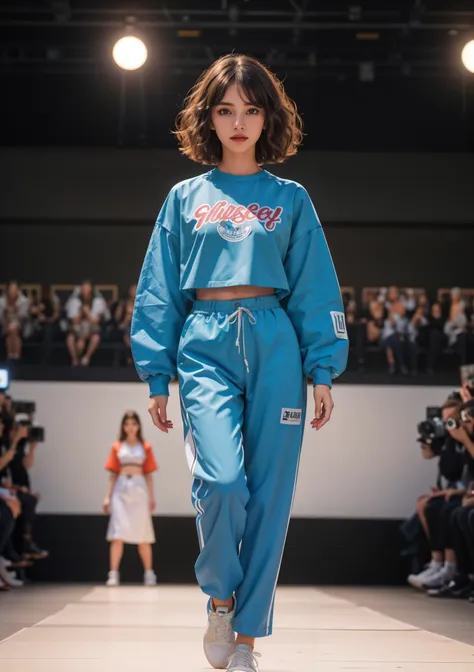 a woman in a blue sweatshirt and pants walks down a runway