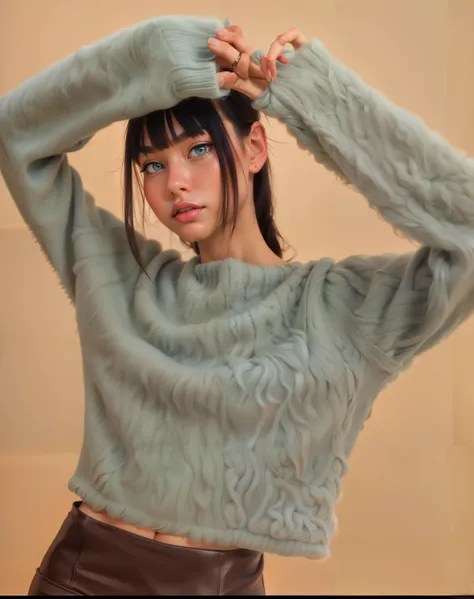 arafed woman in a fuzzy sweater and leather skirt posing for a picture