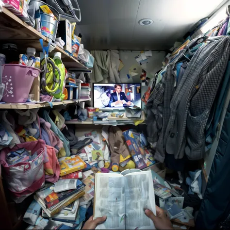 there is a person reading a book in a closet with clothes