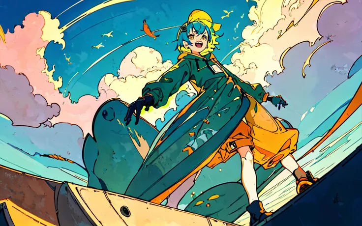 anime character in a green coat riding a surfboard on a wave