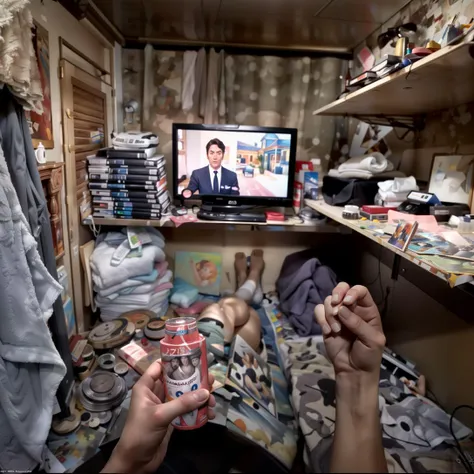 someone is watching a television in a messy room with a lot of stuff