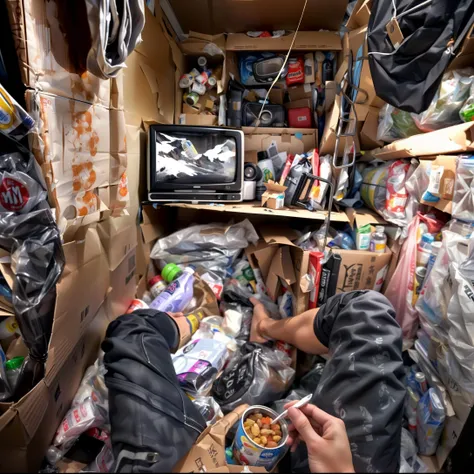 there is a man eating food in a messy room with many boxes