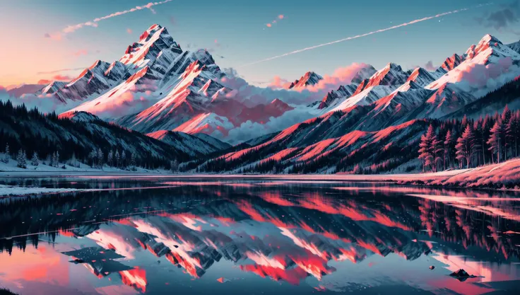 mountains reflected in a lake with a pink sky